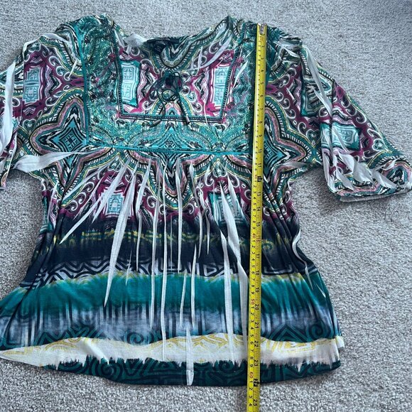 Y2K Billowy Sleeve Embroidered Lace-Up Abstract Rhinestone Green & Pink Top - Picture 8 of 8